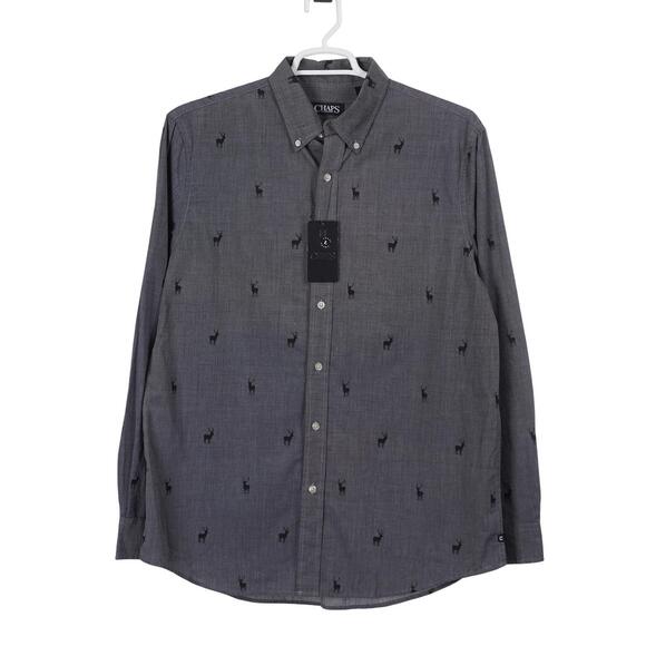 Chaps Other - NWT Chaps Button-Up Shirt Men L Gray Deer Elk Print Long Sleeve Cotton Blend